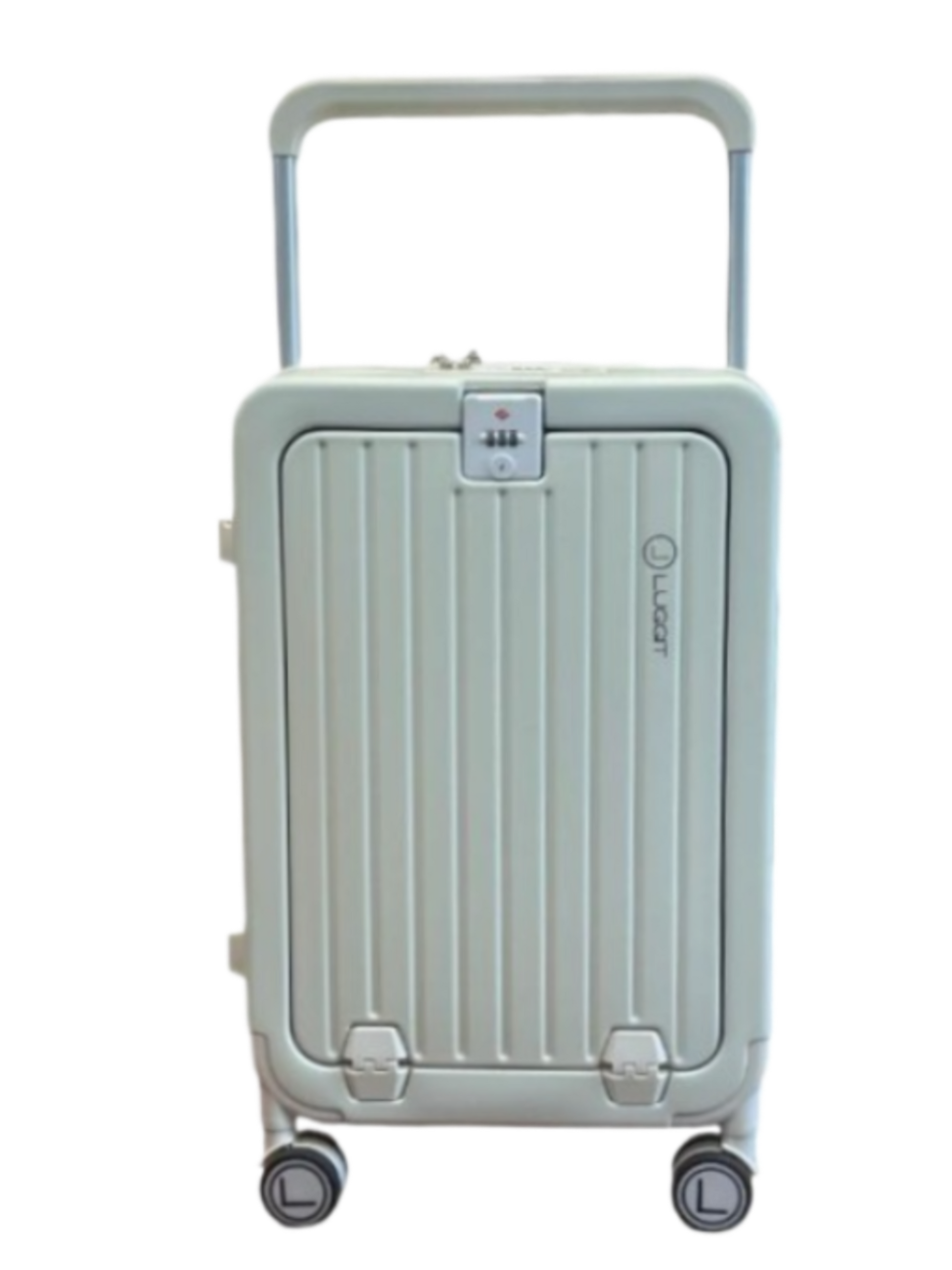 Light gray suitcase with wheels on a luggit
