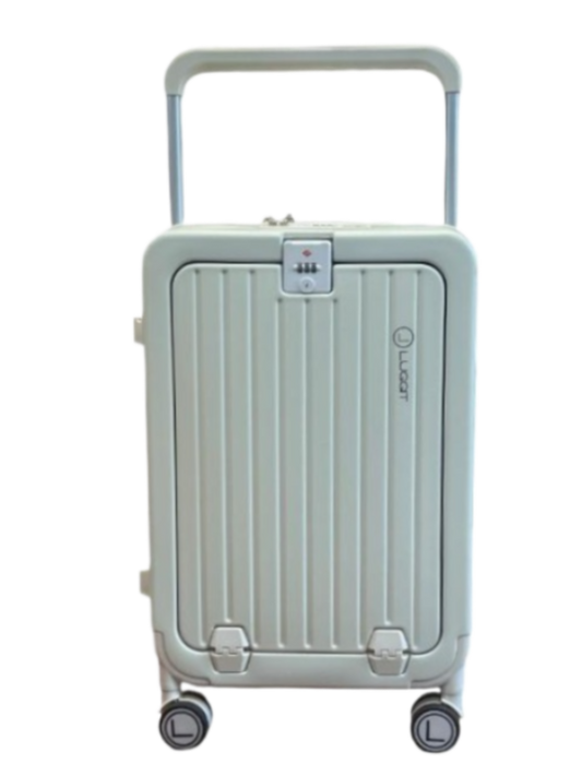 Light gray suitcase with wheels on a luggit