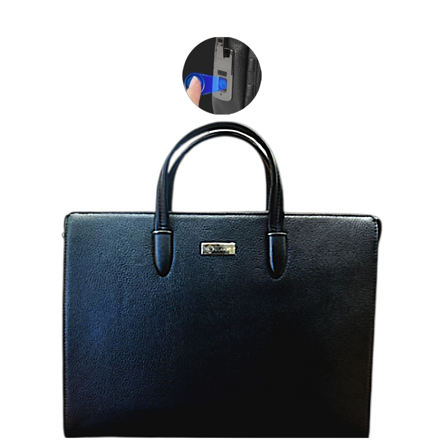 Black leather briefcase with a lock mechanism on a white background