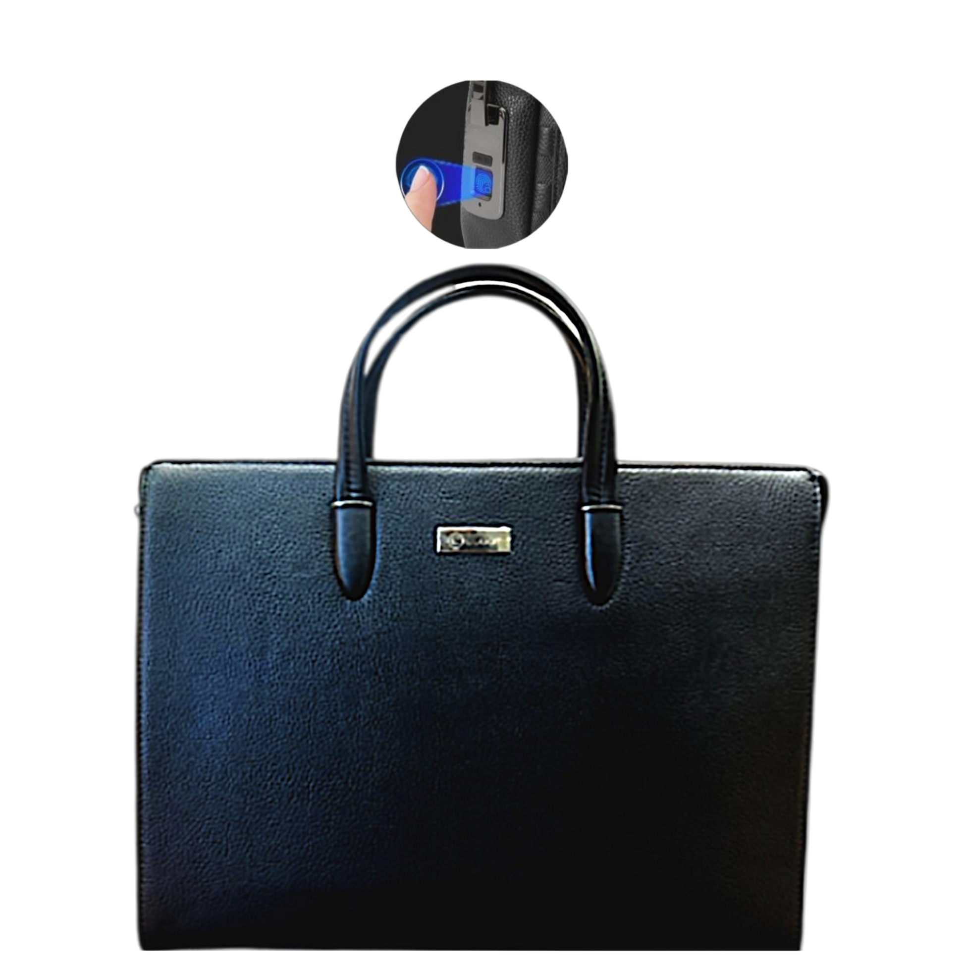 Black leather briefcase with a lock mechanism on a white background