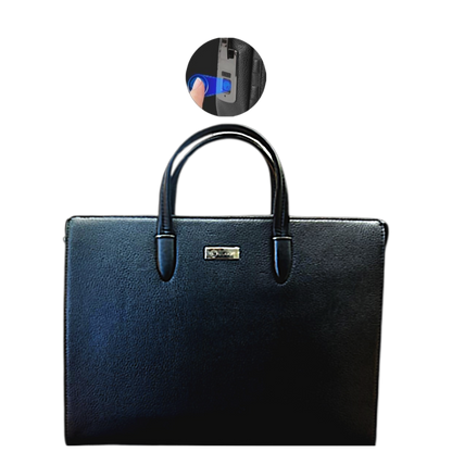 Black leather briefcase with a lock mechanism on a white background