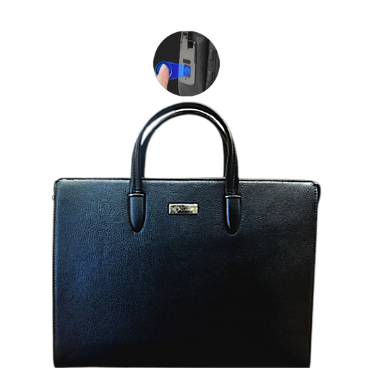 Black leather briefcase with a lock mechanism on a white background