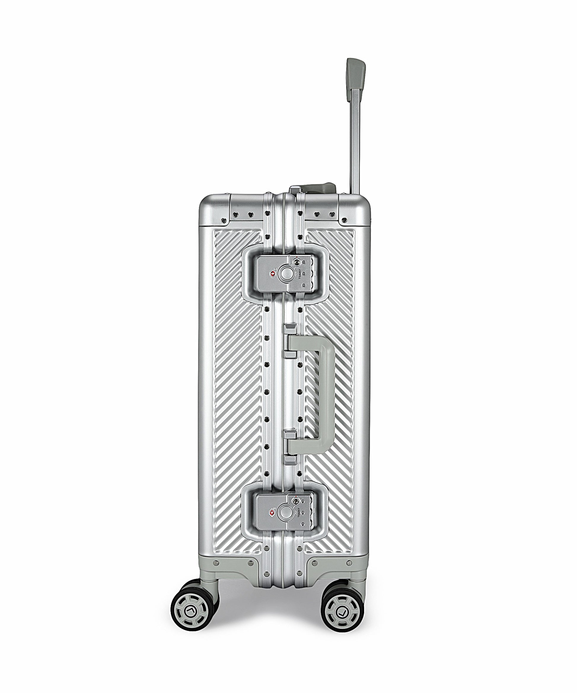 Silver suitcase with wheels and handle on a white background