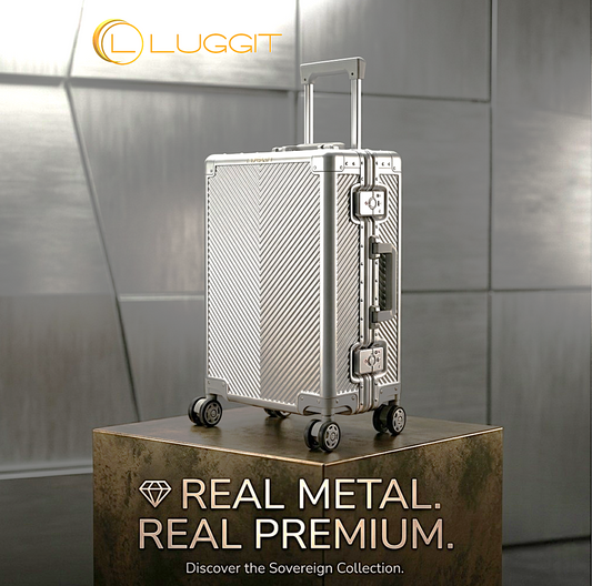A silver Luggit Sovereign Collection hard-shell suitcase with a textured chevron pattern