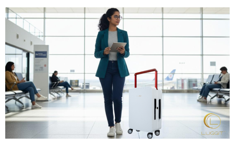 Woman with a suitcase and tablet in an airport terminal, with 'Luggage' logo visible.
