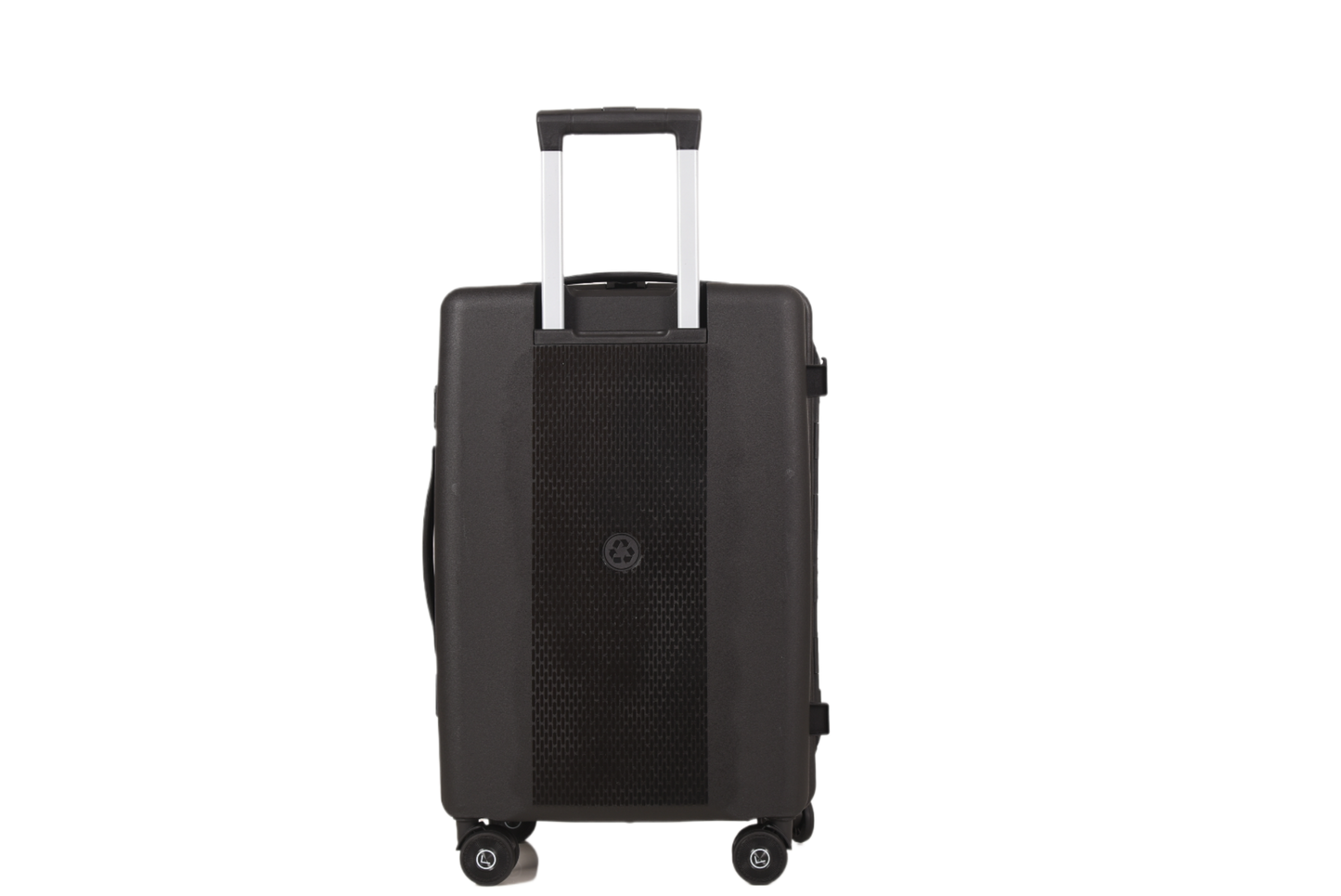 A black hard-shell spinner suitcase with an extended telescoping handle, shown from the front against a plain white background.