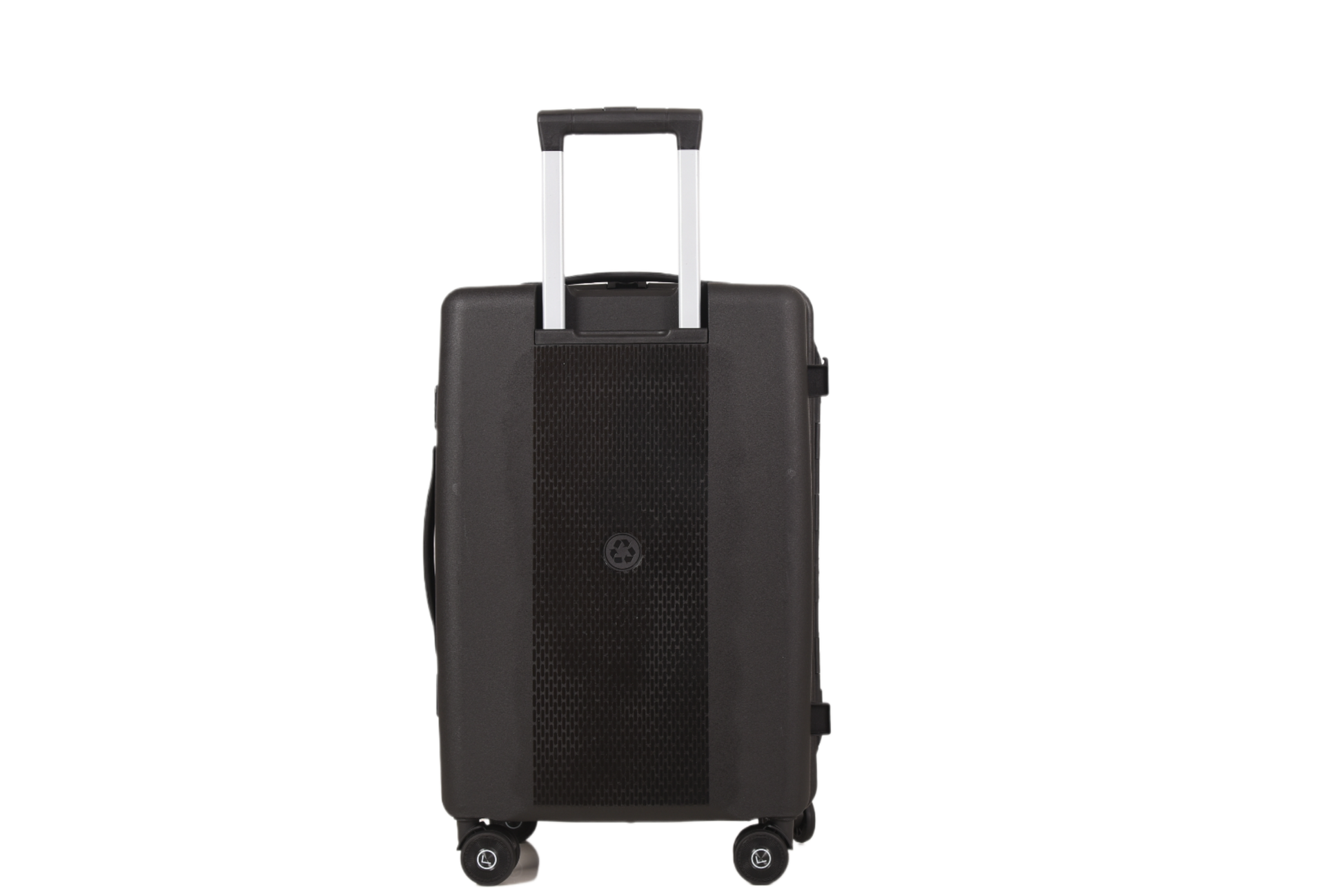A black hard-shell spinner suitcase with an extended telescoping handle, shown from the front against a plain white background.