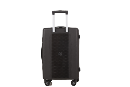 A black hard-shell spinner suitcase with an extended telescoping handle, shown from the front against a plain white background.