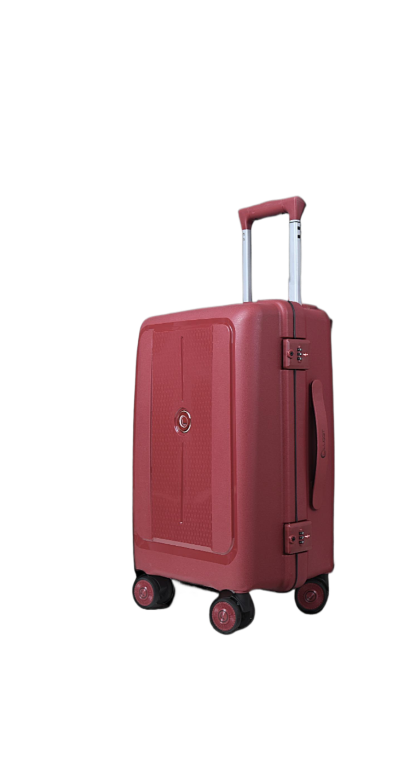 A red hard-shell spinner suitcase with an extended telescopic handle, shown on a plain white background.