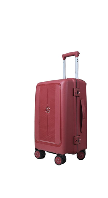 A red hard-shell spinner suitcase with an extended telescopic handle, shown on a plain white background.