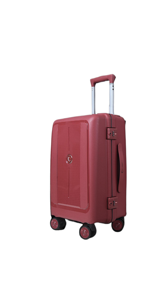 A red hard-shell spinner suitcase with an extended telescopic handle, shown on a plain white background.