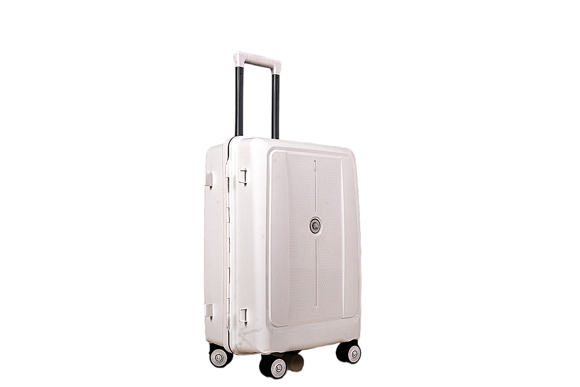 A light beige or off-white hard-shell spinner suitcase with an extended telescopic handle, shown against a plain white background.
