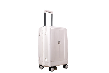 A light beige or off-white hard-shell spinner suitcase with an extended telescopic handle, shown against a plain white background.