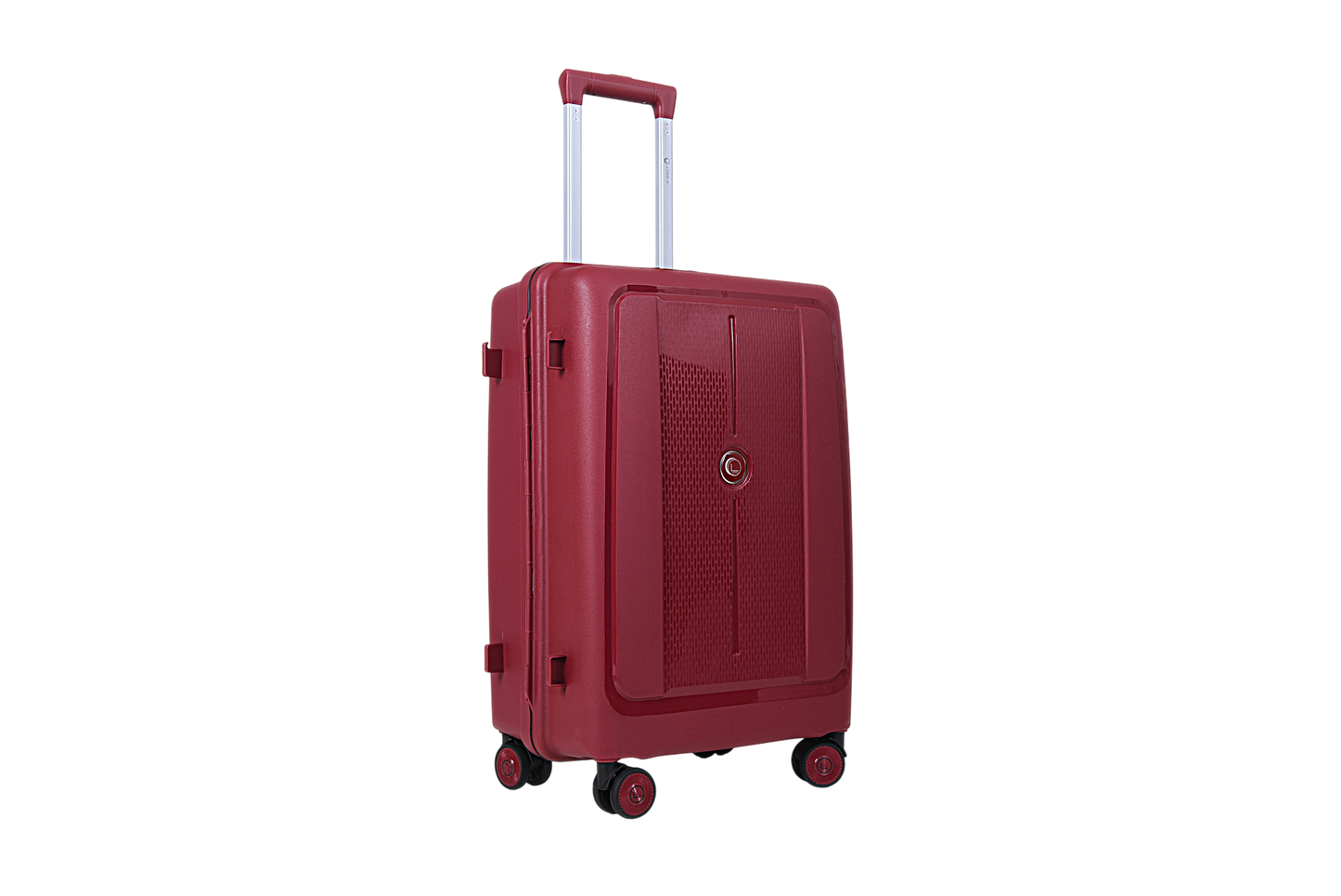 A hard-shell carry-on suitcase in a deep red color, featuring an extended telescopic handle, four spinner wheels, and a textured front panel with a small circular logo, shown on a plain white background.