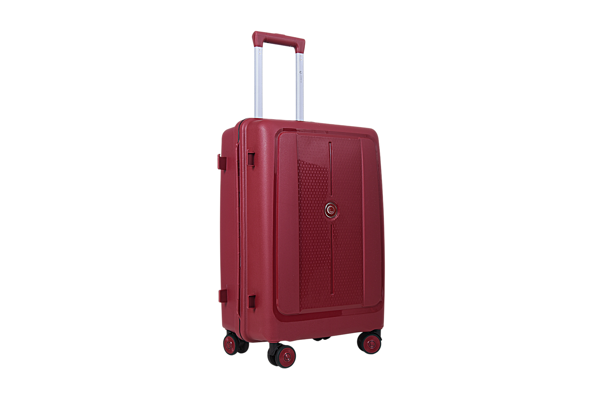 A hard-shell carry-on suitcase in a deep red color, featuring an extended telescopic handle, four spinner wheels, and a textured front panel with a small circular logo, shown on a plain white background.