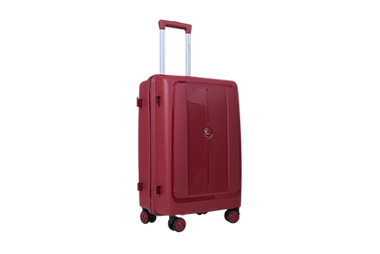 A hard-shell carry-on suitcase in a deep red color, featuring an extended telescopic handle, four spinner wheels, and a textured front panel with a small circular logo, shown on a plain white background.
