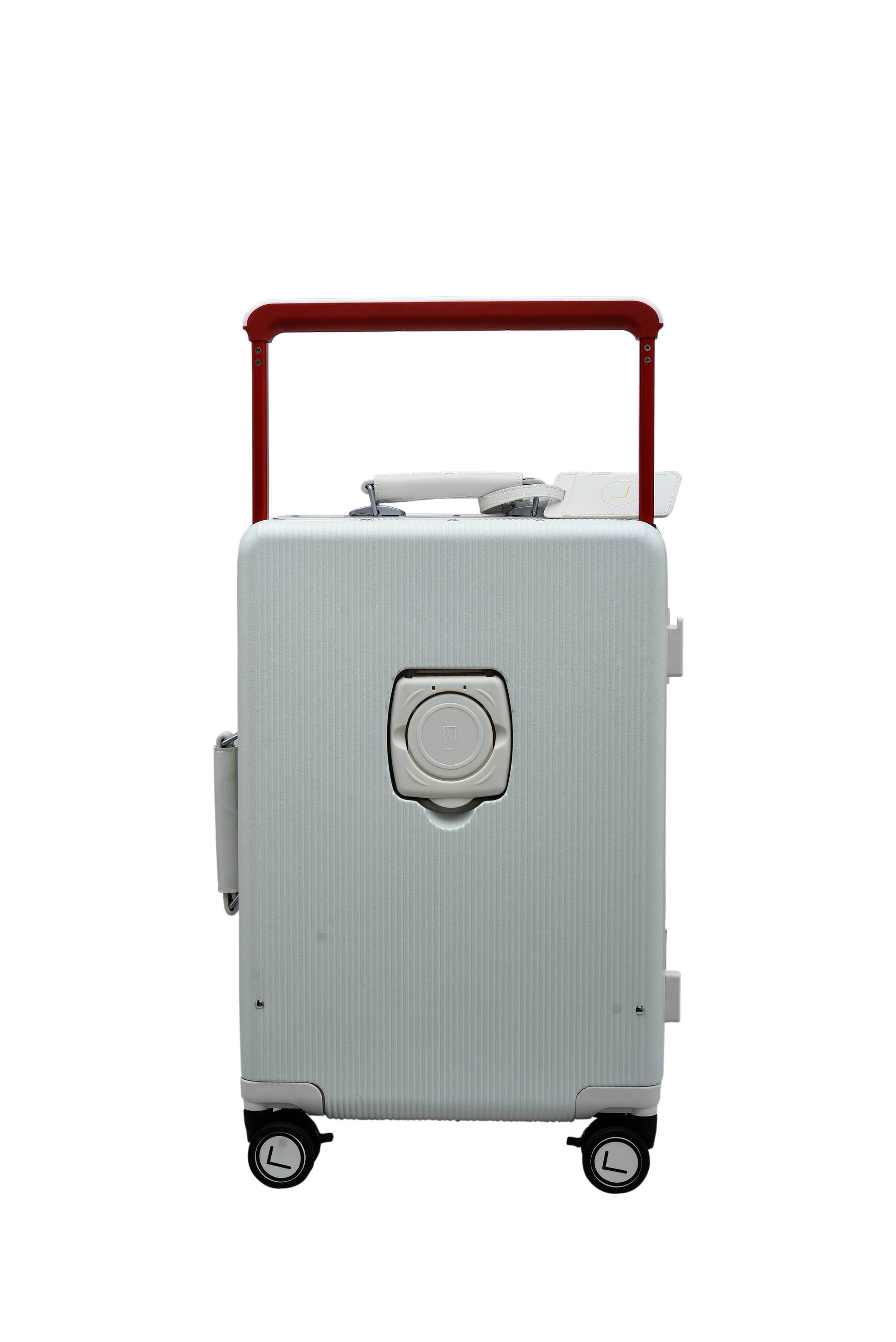 Light gray suitcase with a red handle luggit smart bag