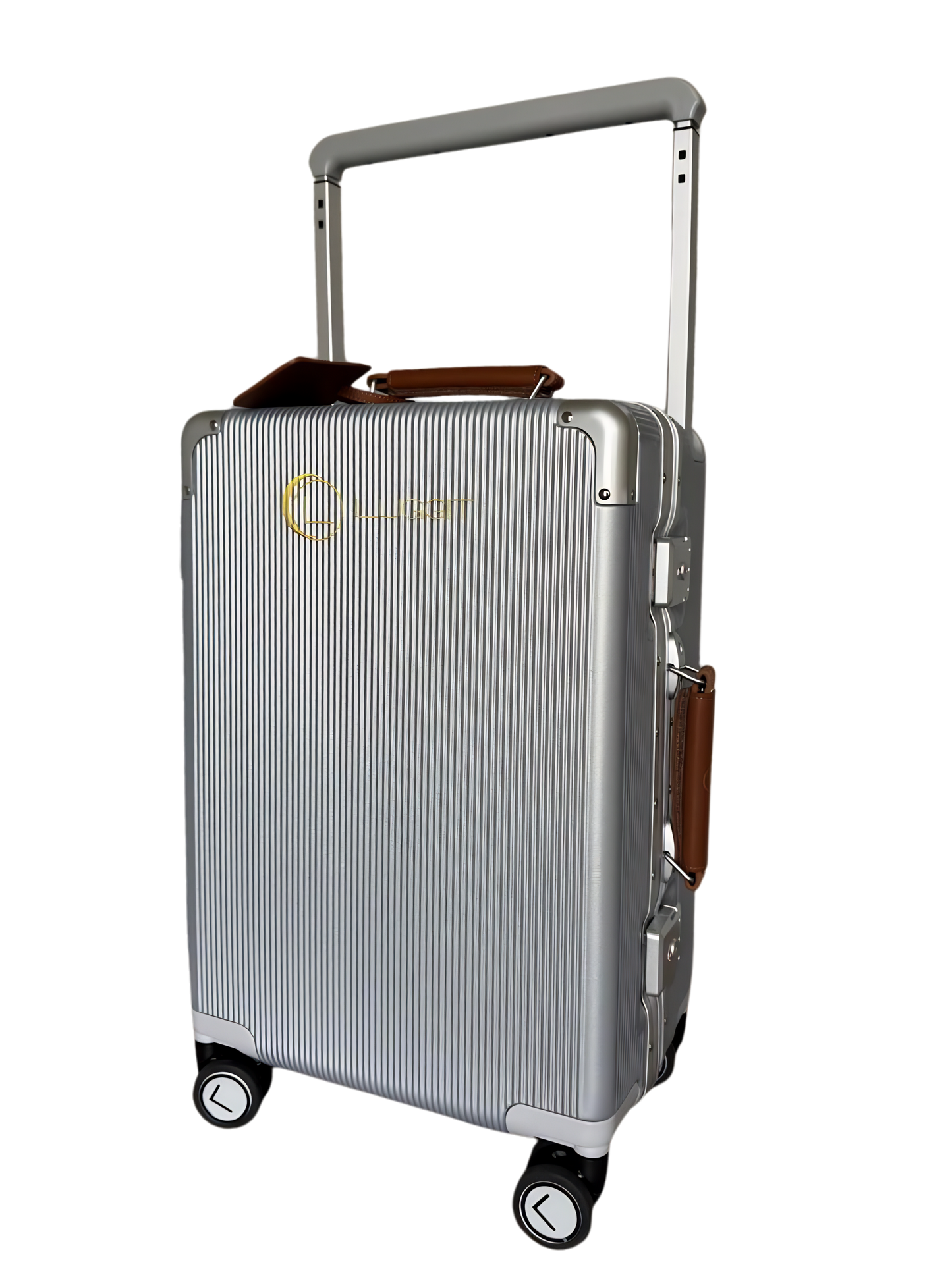 Silver suitcase with brown accents on a white background