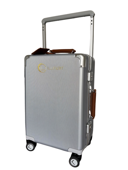 Silver suitcase with brown accents on a white background