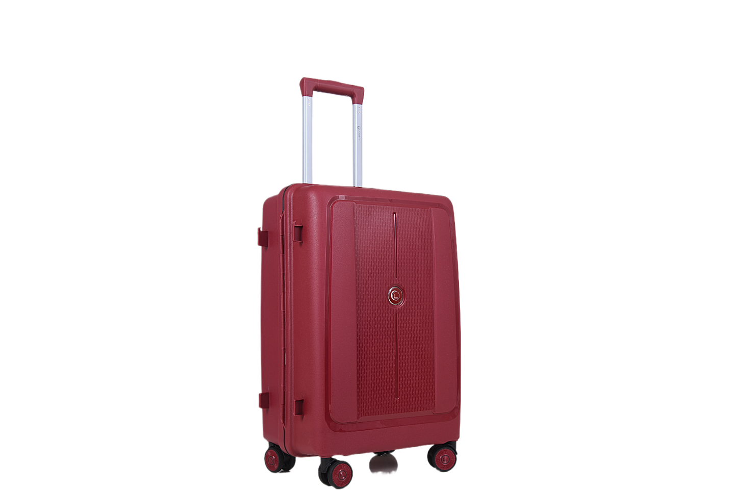 A red hard-shell spinner suitcase with an extended telescopic handle, shown from a three-quarter angle against a plain white background.