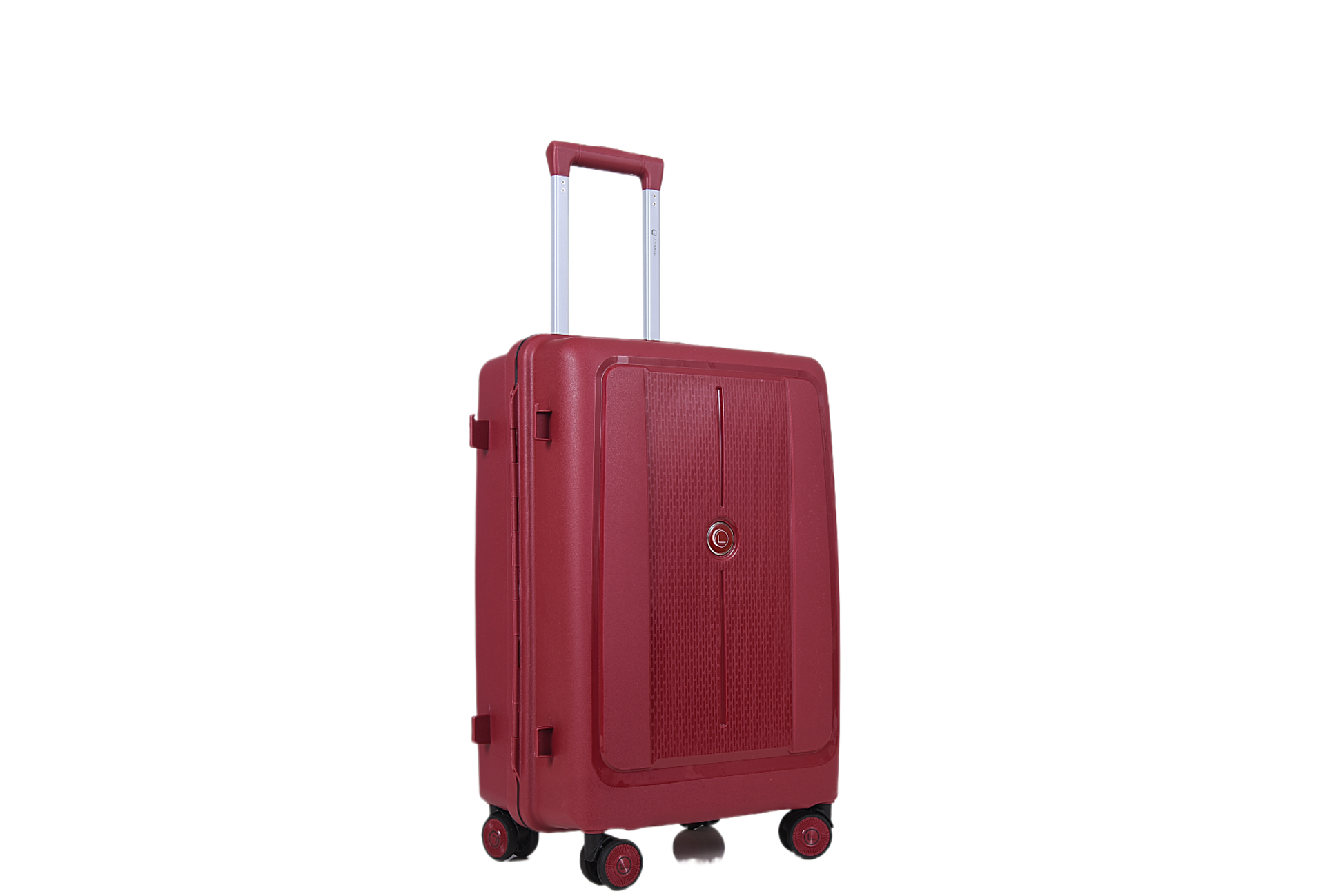 A red hard-shell spinner suitcase with an extended telescopic handle, shown from a three-quarter angle against a plain white background.