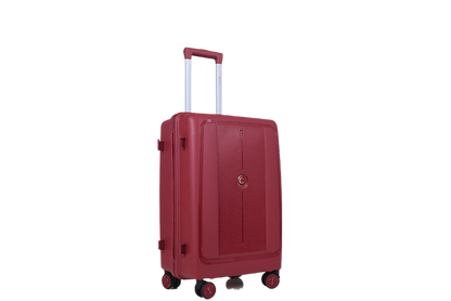 A red hard-shell spinner suitcase with an extended telescopic handle, shown from a three-quarter angle against a plain white background.