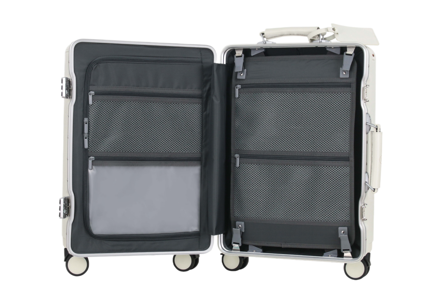 Open suitcase with interior luggit smart bag