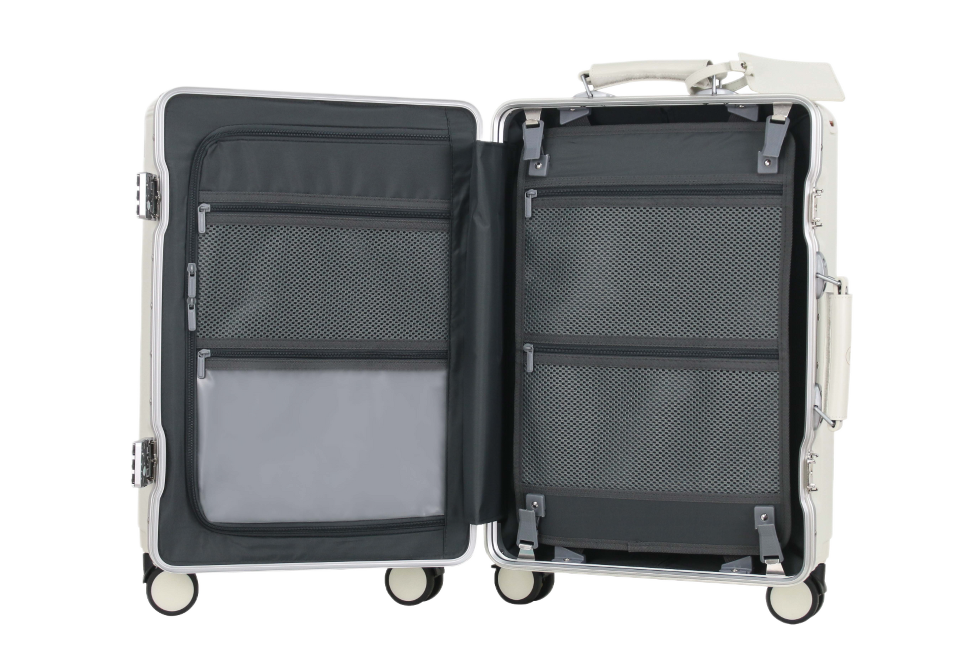 Open suitcase with interior luggit smart bag
