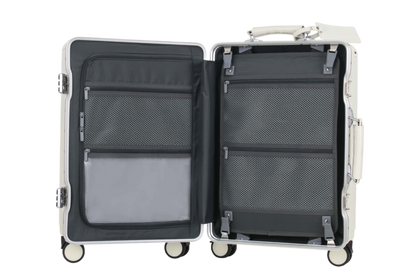 Open suitcase with interior luggit smart bag
