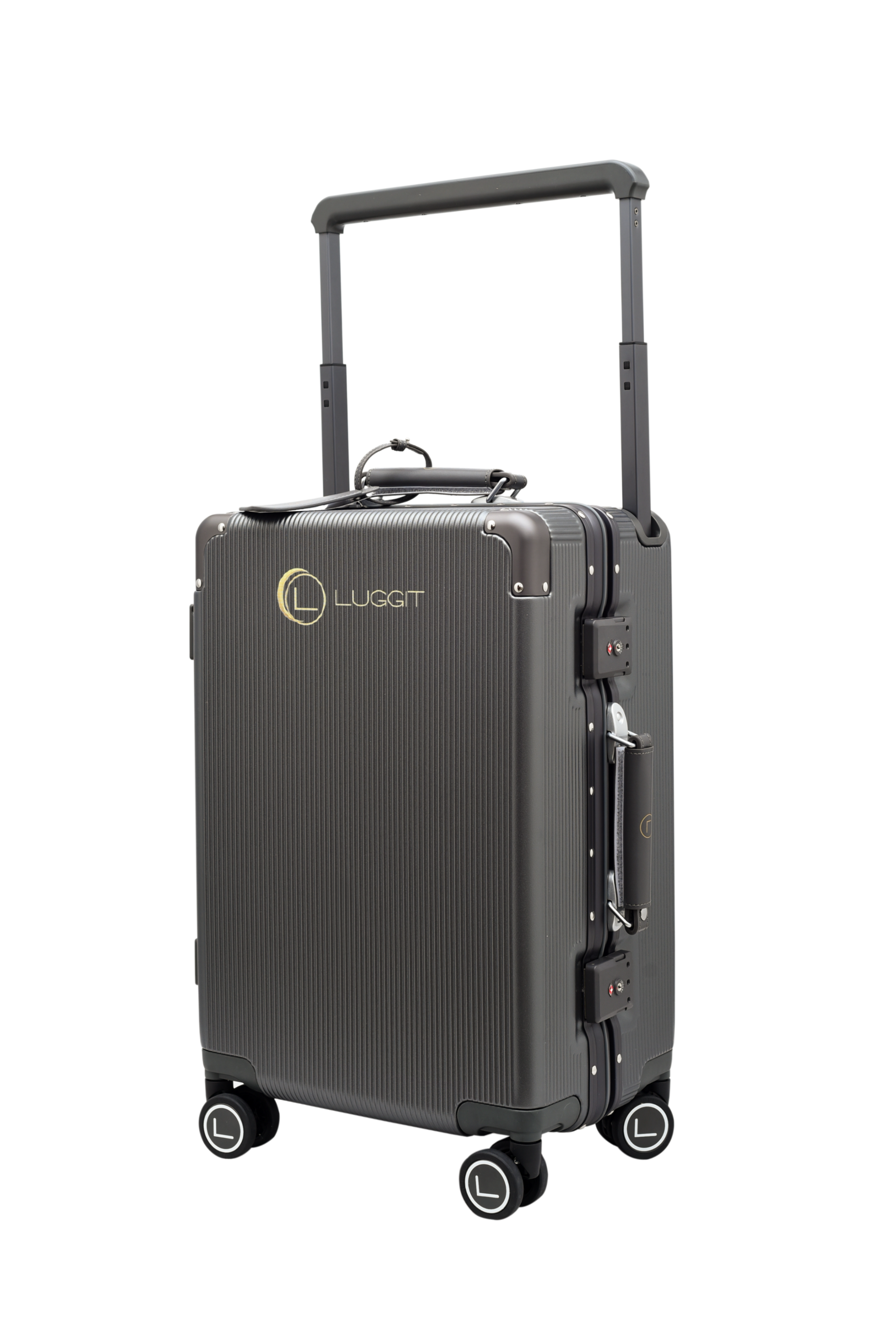Black suitcase with wheels and handle on a white background, featuring the Luggit brand.