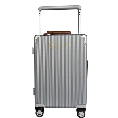 Silver suitcase with a handle on a white background