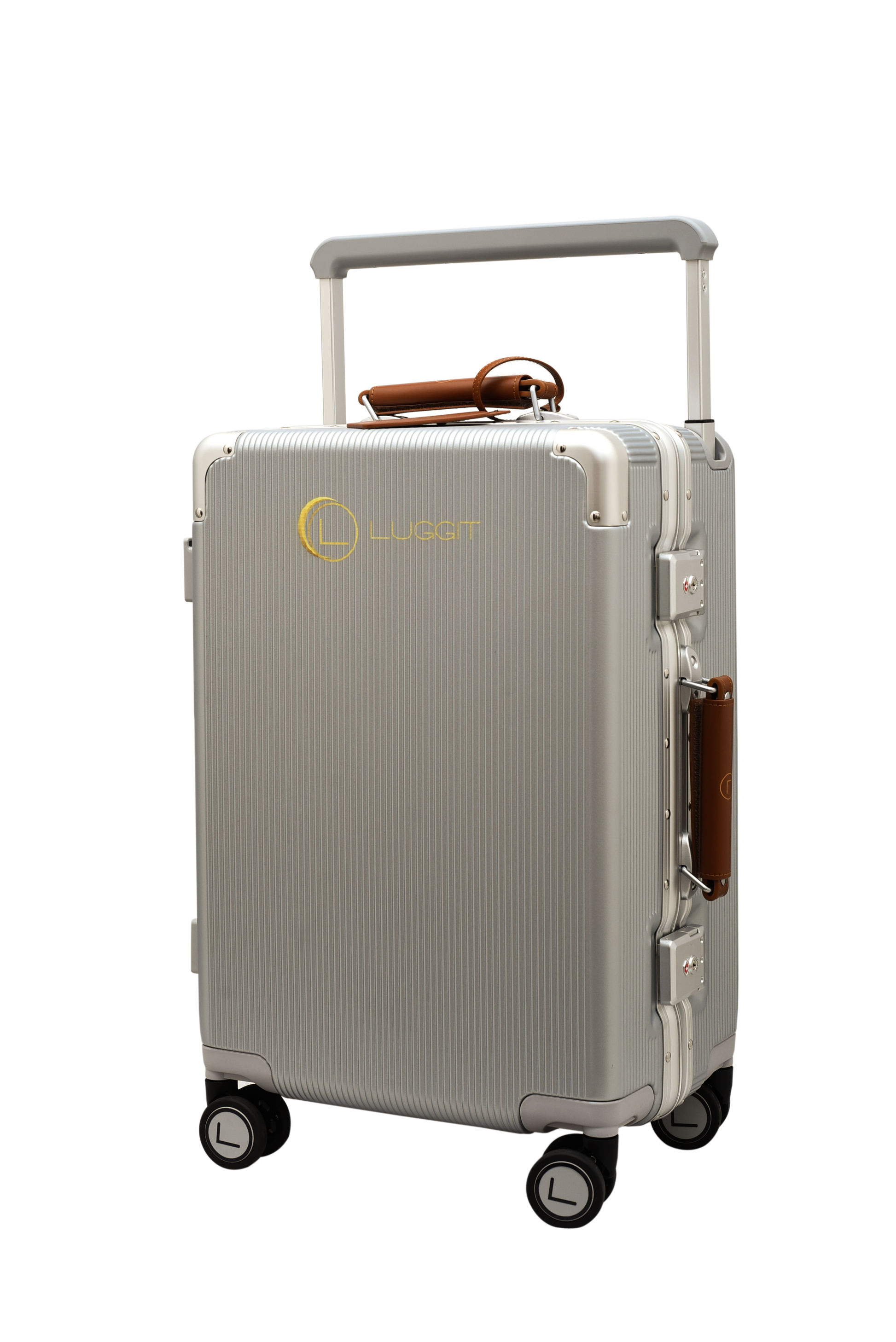 Silver suitcase with a handle and wheels on a white background