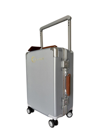 Silver suitcase with brown accents on a white background