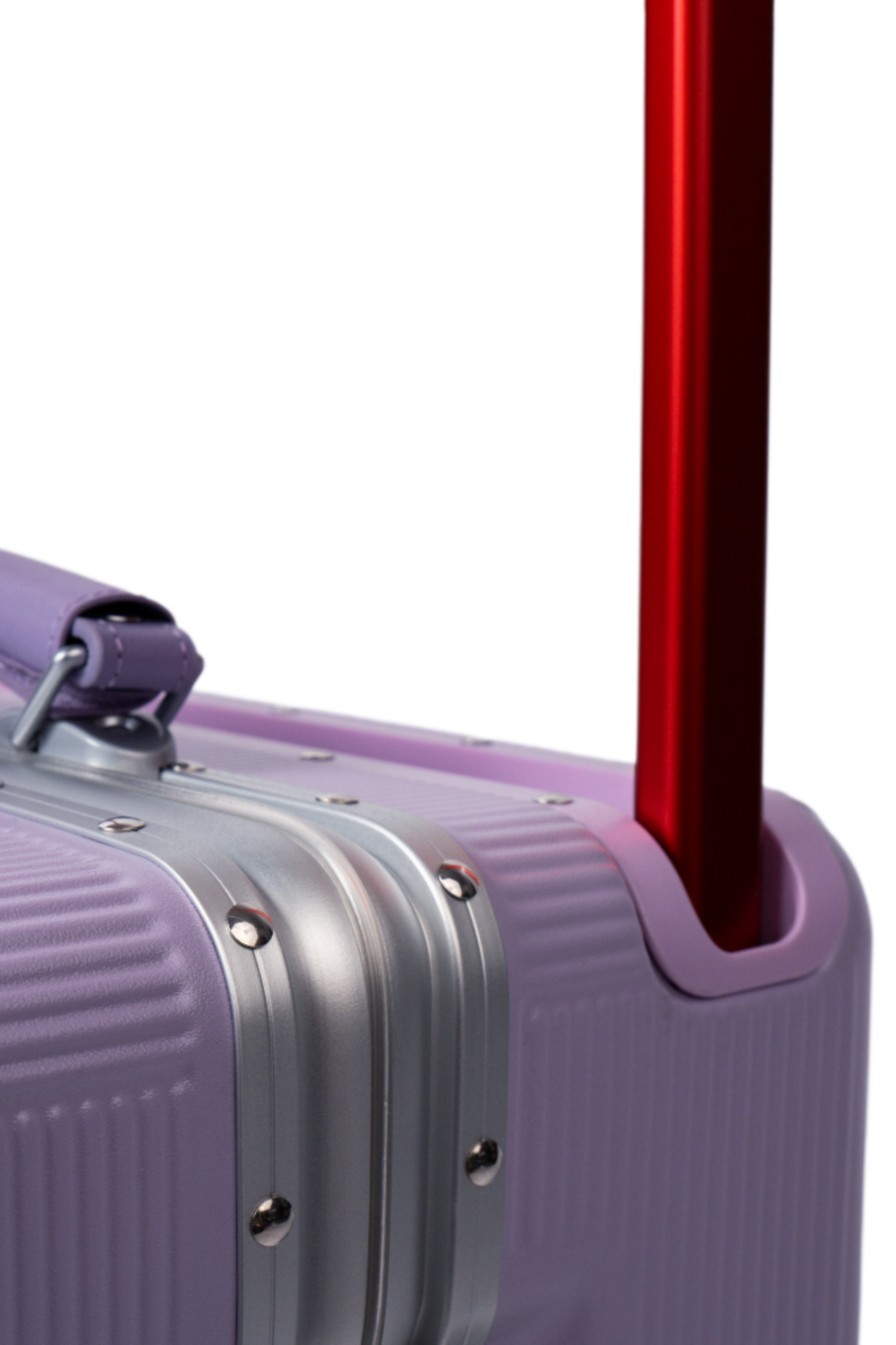 Purple suitcase with a red handle on a white background
