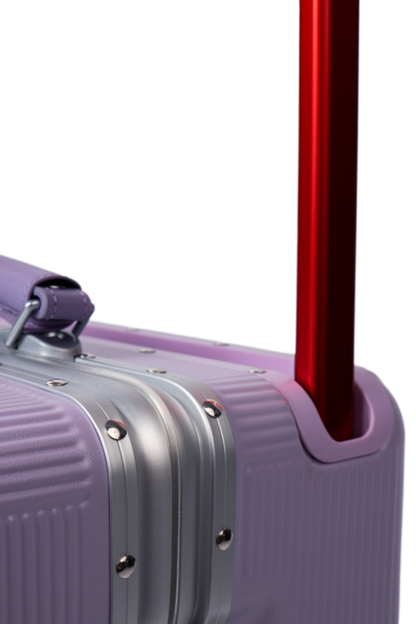 Purple suitcase with a red handle on a white background