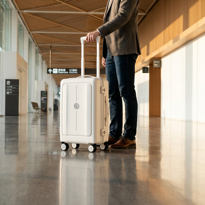 Person holding a white suitcase in an airport terminal