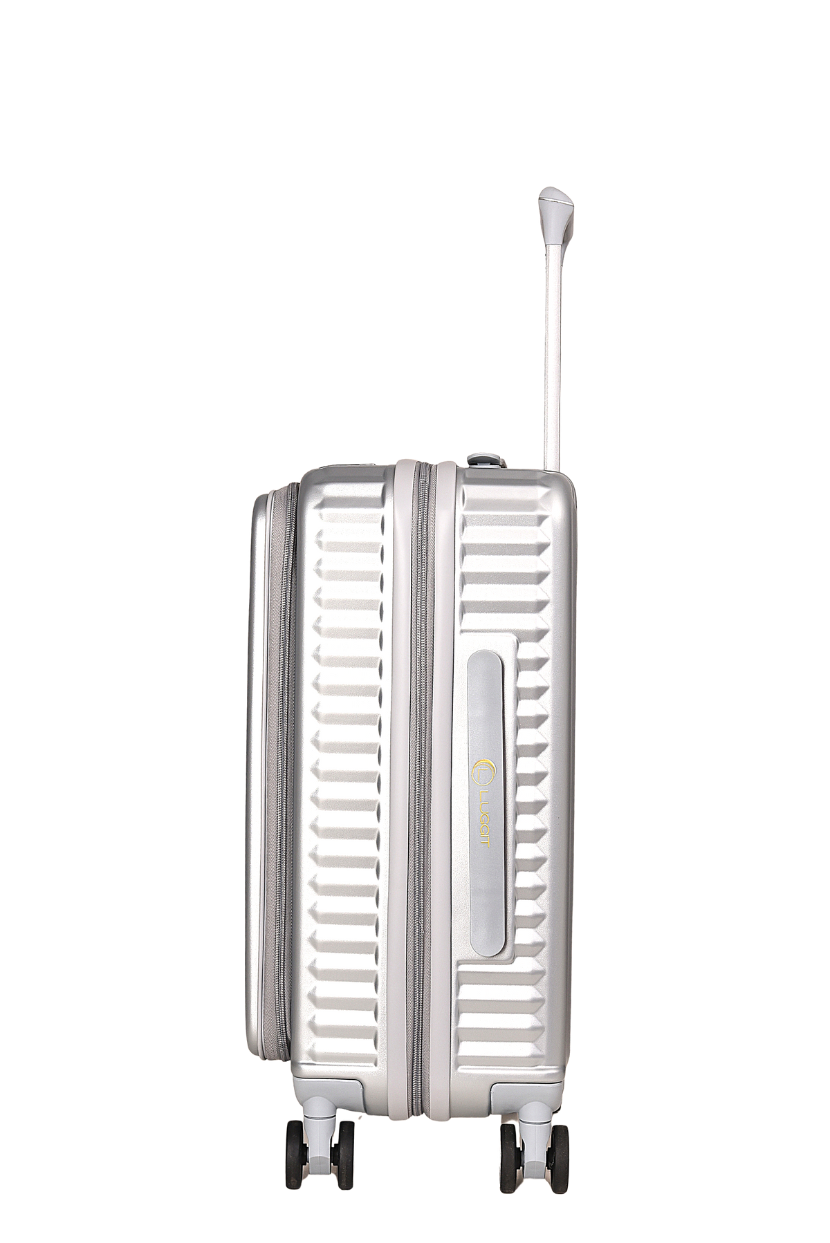 A silver hard-shell spinner suitcase with a telescopic handle extended, shown from a side profile view against a plain white background.