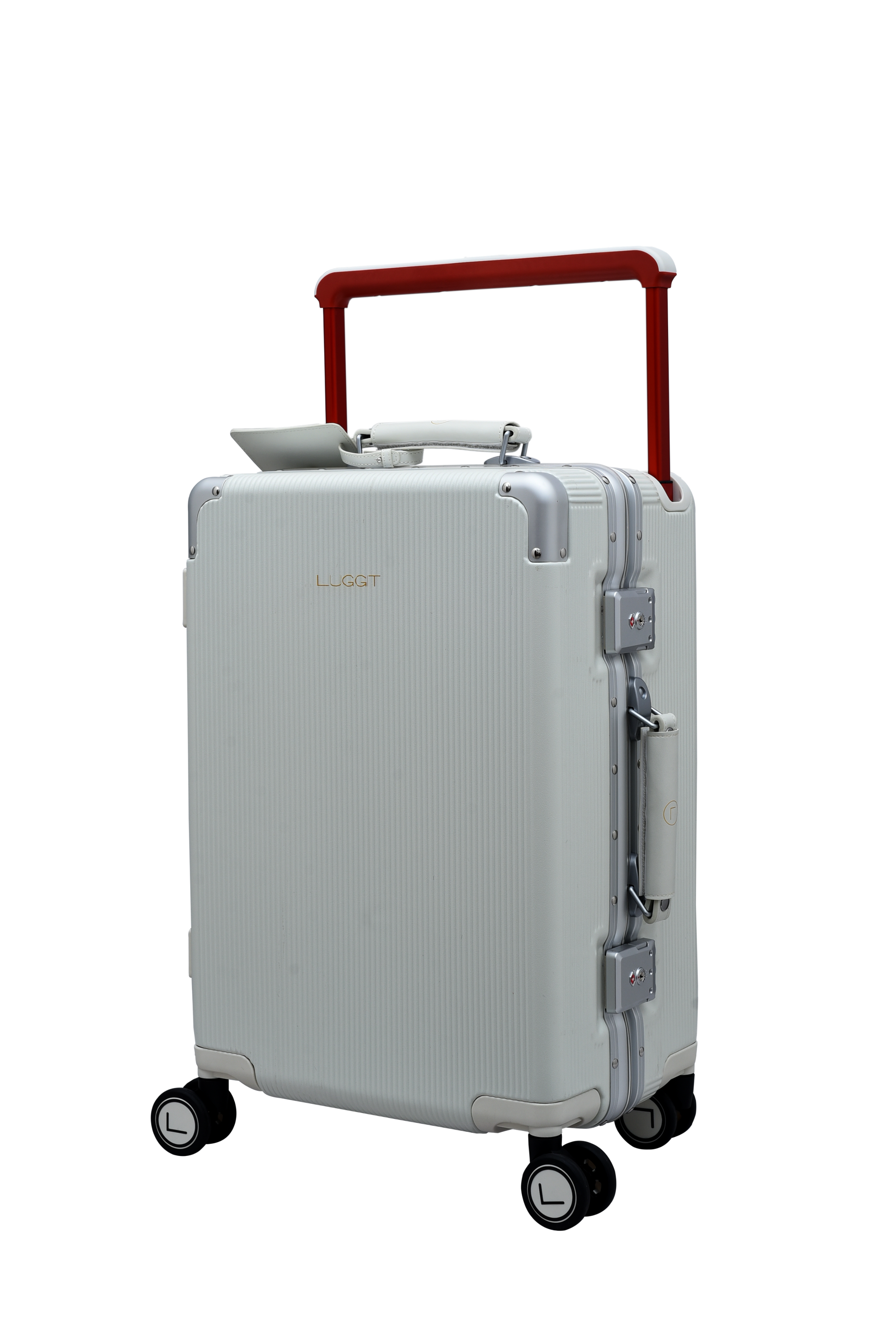 white suitcase with a red handle on a white background