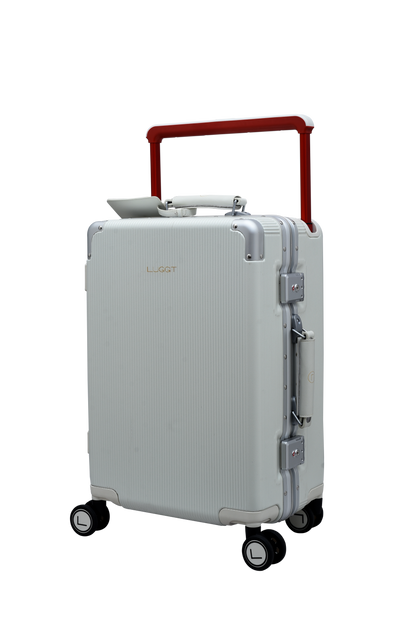 white suitcase with a red handle on a white background