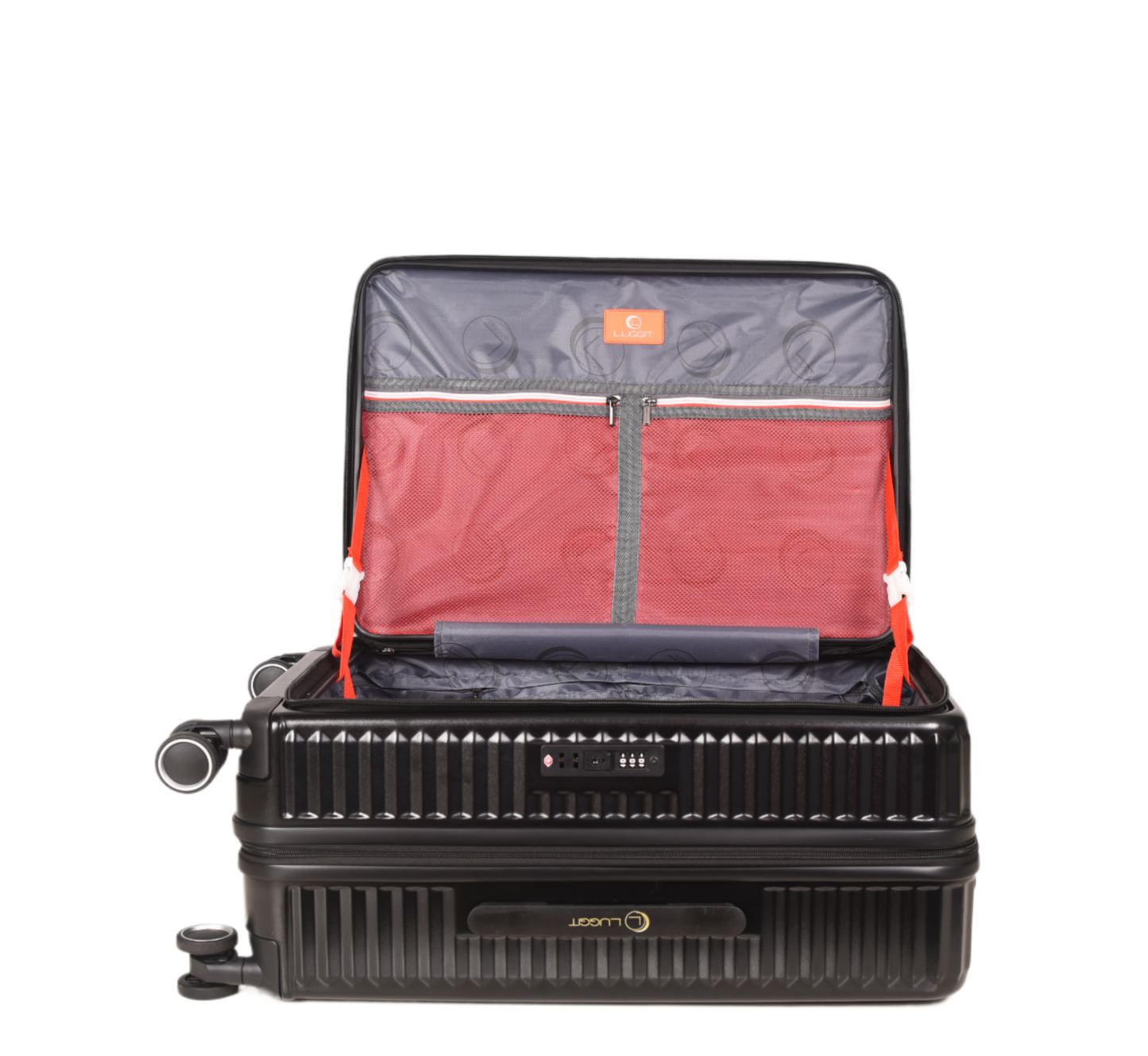 A black hard-shell carry-on suitcase shown open against a plain white background, revealing a gray and red interior organizer layout.