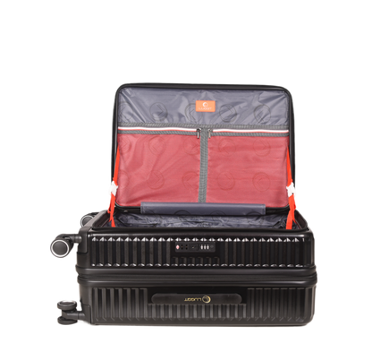 A black hard-shell carry-on suitcase shown open against a plain white background, revealing a gray and red interior organizer layout.