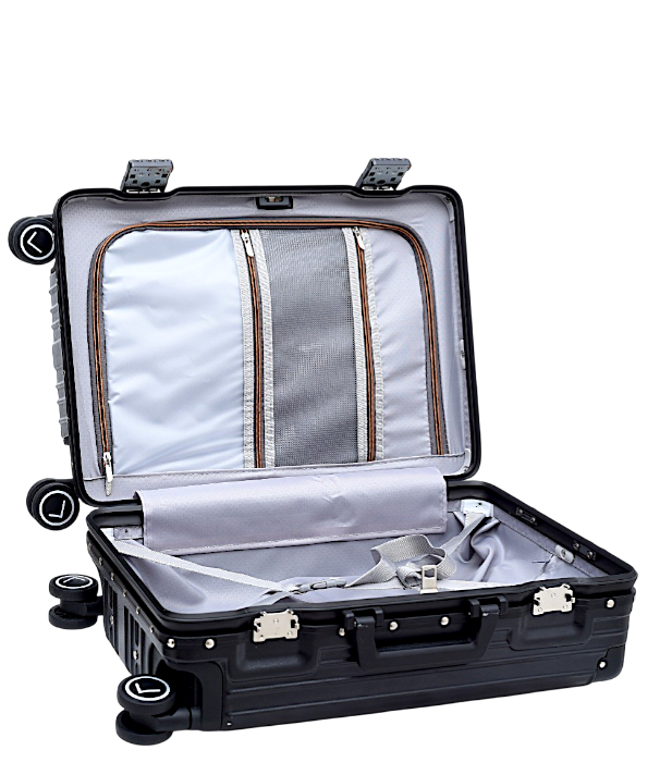 Black suitcase with open lid showing interior on a white background
