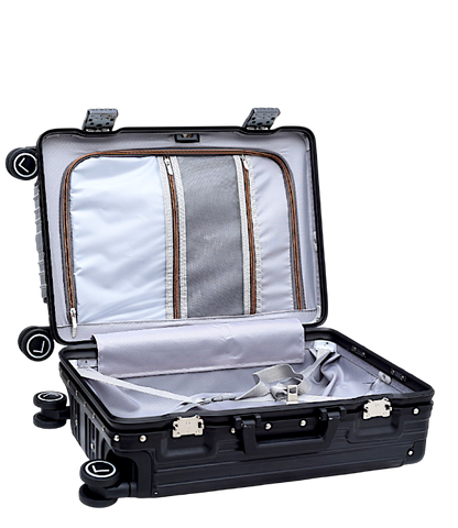 Black suitcase with open lid showing interior on a white background