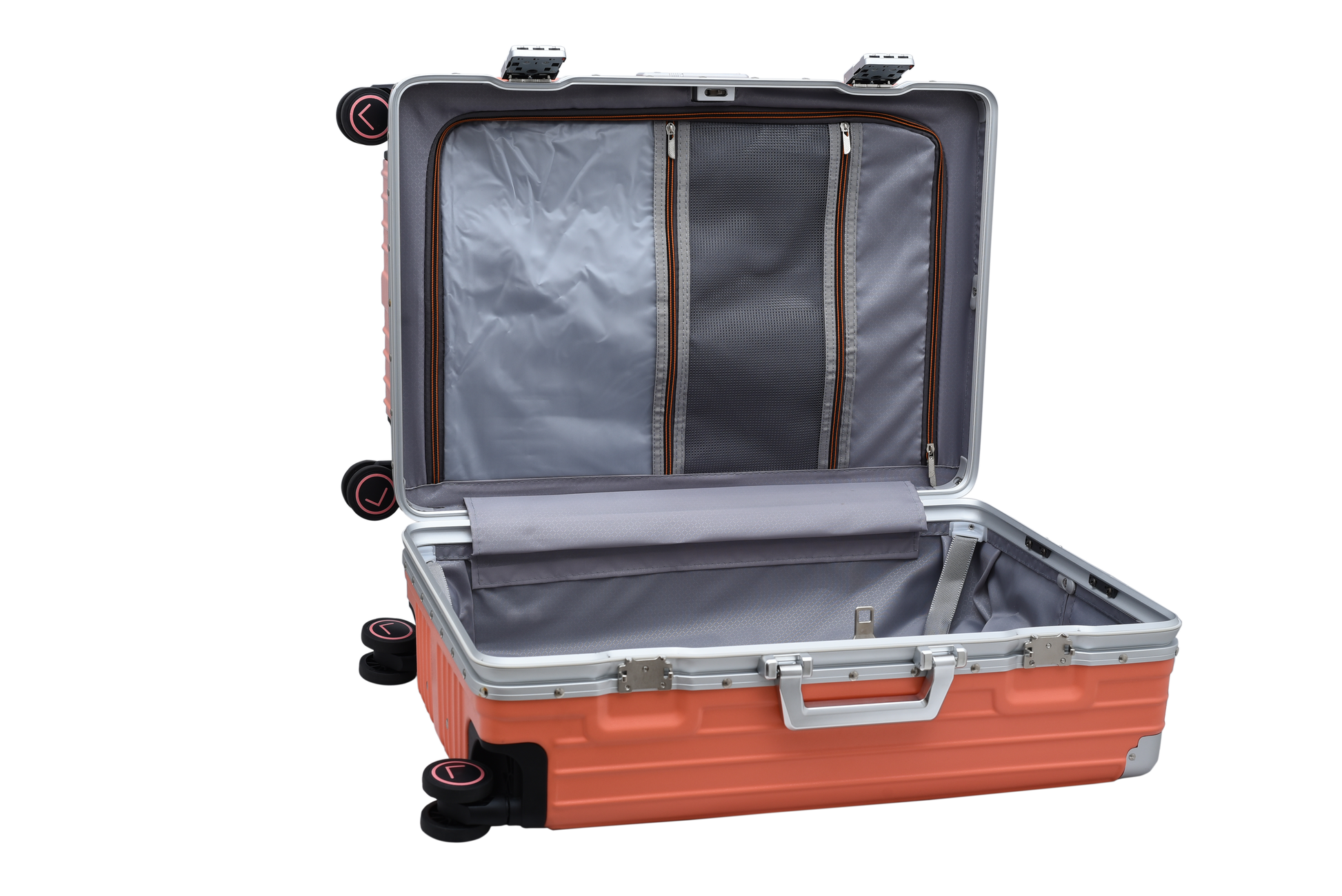 Orange suitcase with open lid on a white background