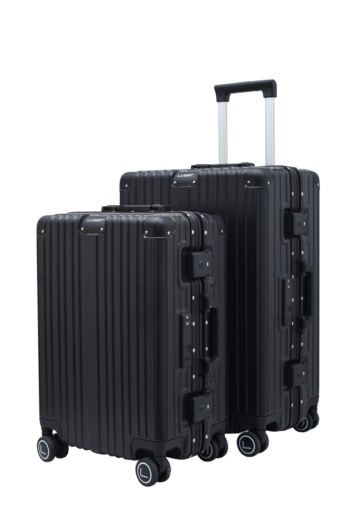 Two black suitcases with wheels on a white background