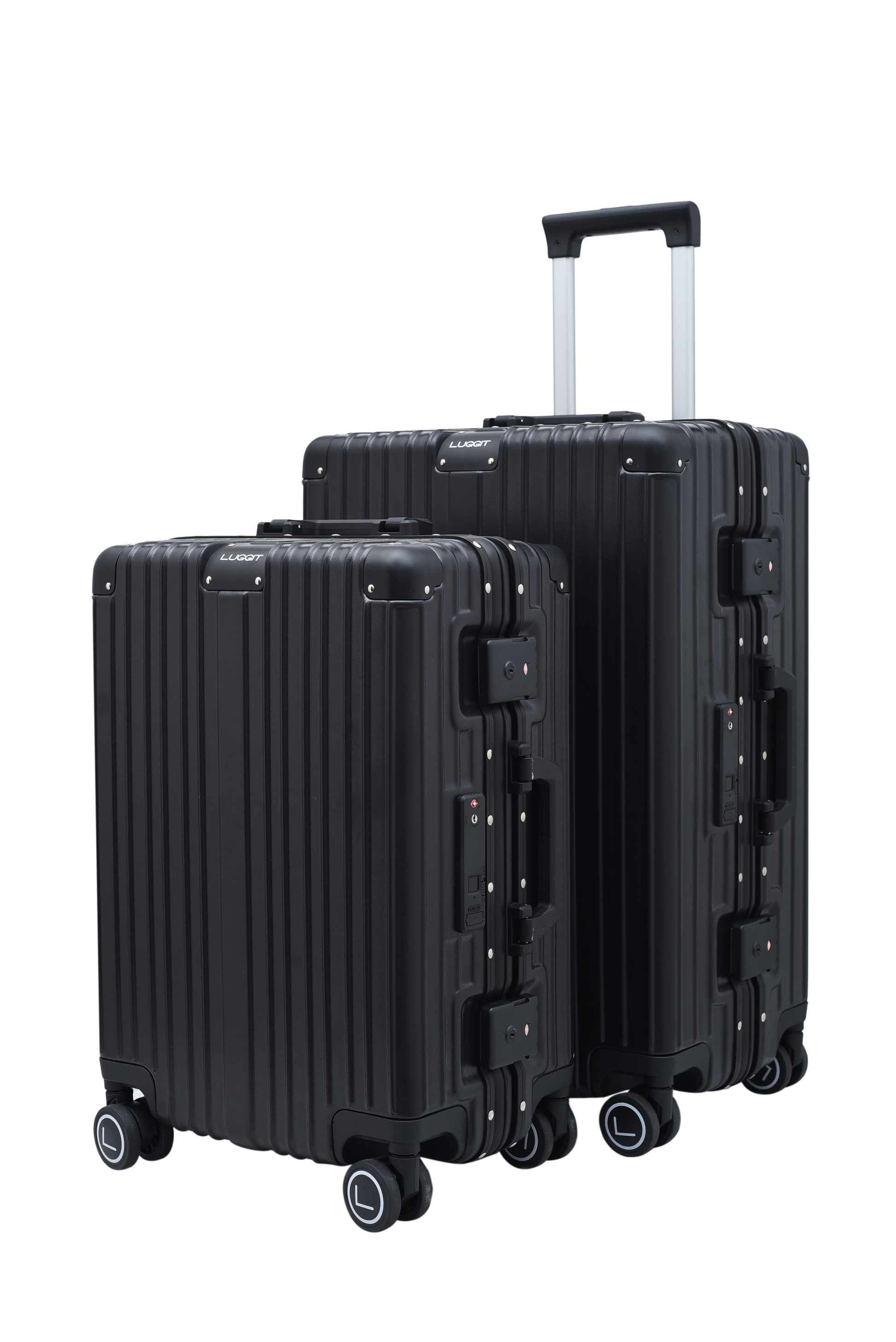 Two black suitcases with wheels on a white background