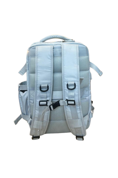 Light blue backpack with multiple straps and compartments on a white background