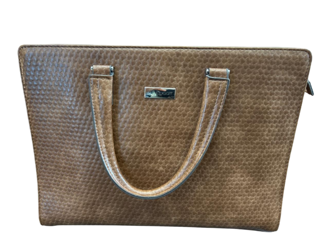 Brown textured handbag with a visible luggit