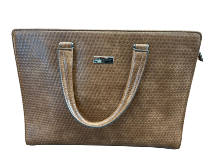 Brown textured handbag with a visible luggit