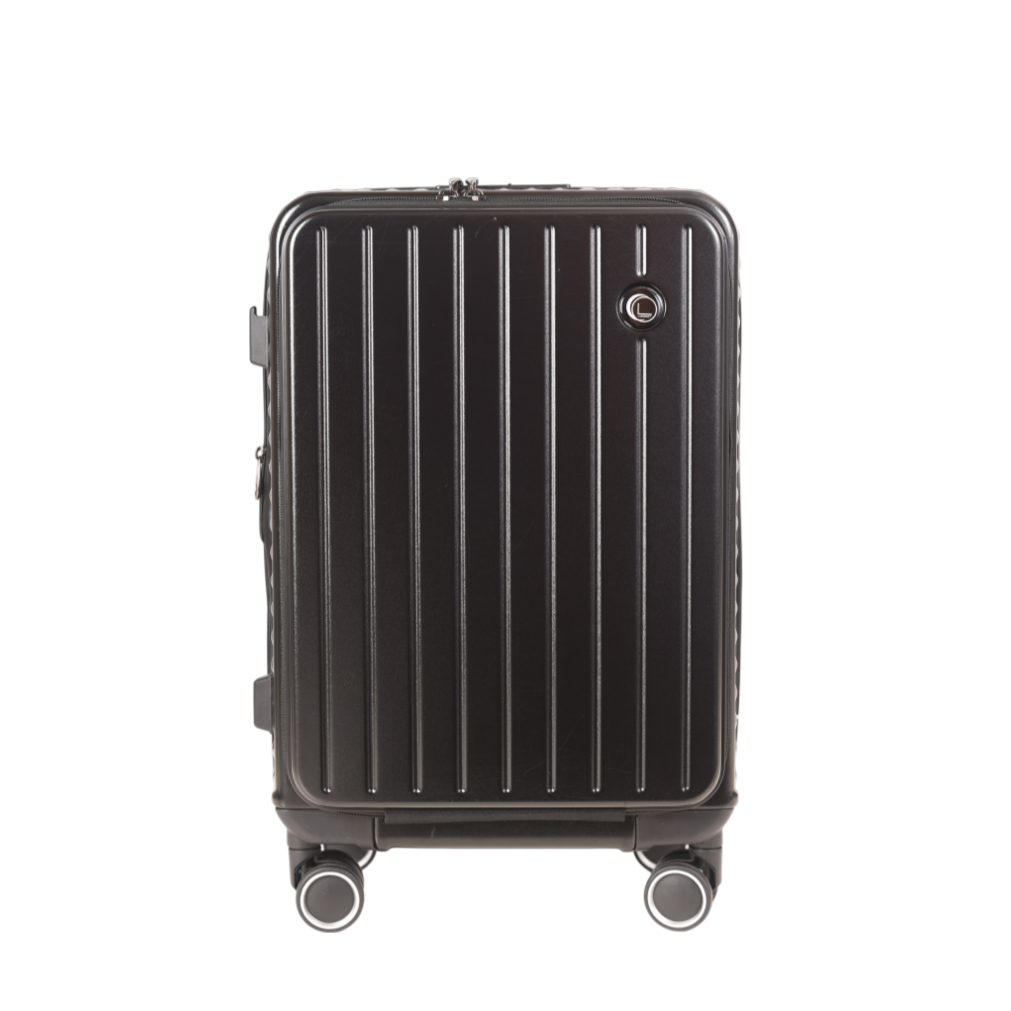 A black hard-shell spinner suitcase with vertical ridges, shown from a front-facing overhead perspective on a solid white background.